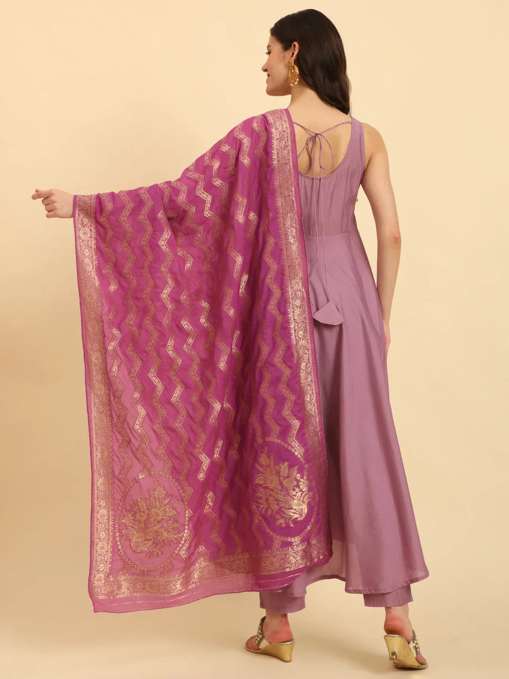 Yufta Purple Silk Sleeveless Kurta With Pant Banarasi Dupatta Set - Distacart