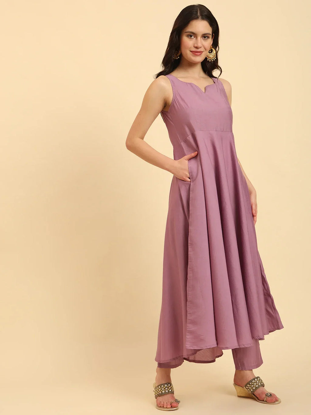 Yufta Purple Silk Sleeveless Kurta With Pant Banarasi Dupatta Set - Distacart