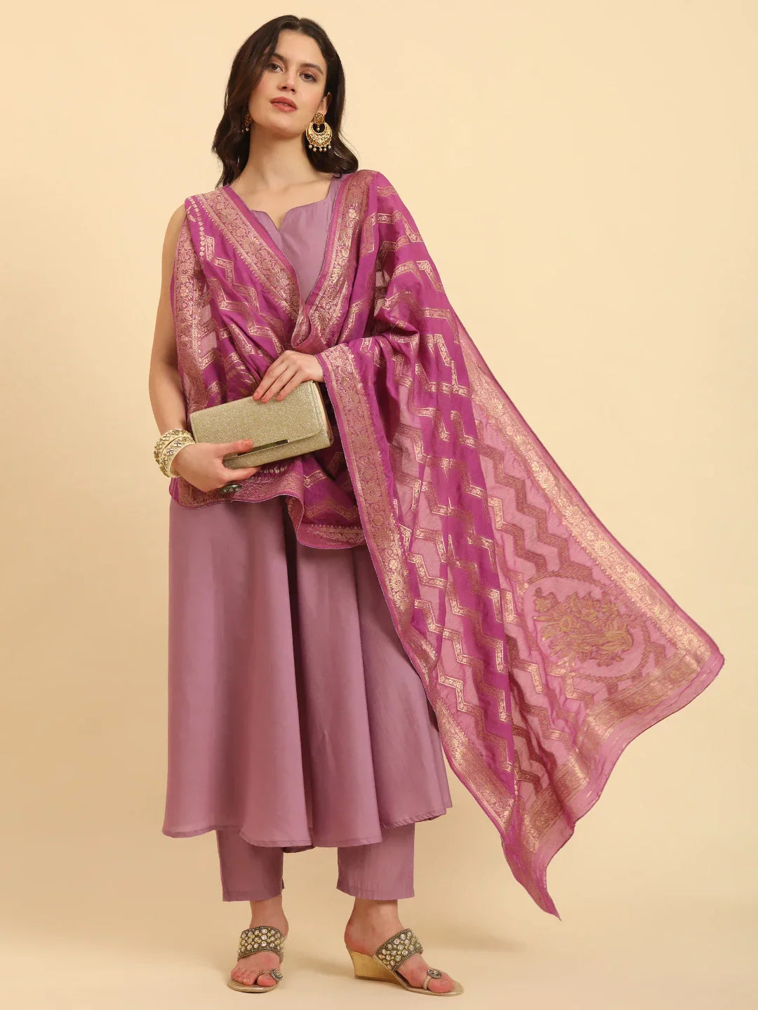 Yufta Purple Silk Sleeveless Kurta With Pant Banarasi Dupatta Set - Distacart