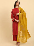 Yufta Rust Silk Flared Sleeves Kurta With Palazzo Banarasi Dupatta Set