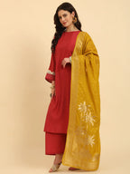 Yufta Rust Silk Flared Sleeves Kurta With Palazzo Banarasi Dupatta Set