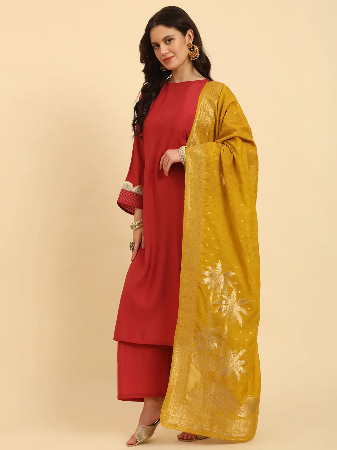 Yufta Rust Silk Flared Sleeves Kurta With Palazzo Banarasi Dupatta Set