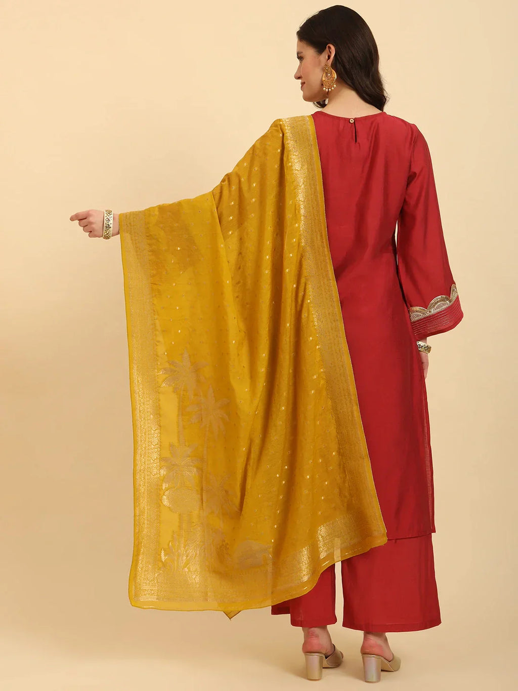 Yufta Rust Silk Flared Sleeves Kurta With Palazzo Banarasi Dupatta Set