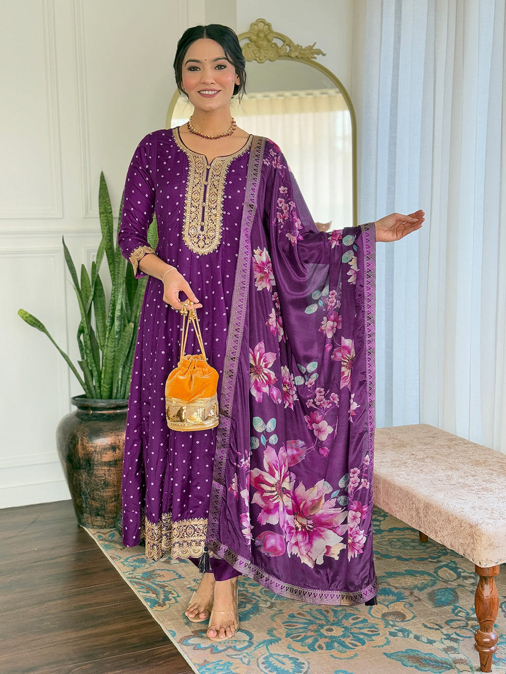 The52 Beautiful Embroidery Work with Vichitra Silk Fabric Flared Kurta, Pant and Dupatta Set - Distacart