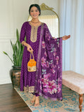 The52 Beautiful Embroidery Work with Vichitra Silk Fabric Flared Kurta, Pant and Dupatta Set - Distacart