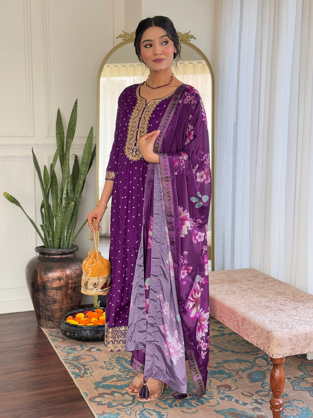 The52 Beautiful Embroidery Work with Vichitra Silk Fabric Flared Kurta, Pant and Dupatta Set - Distacart
