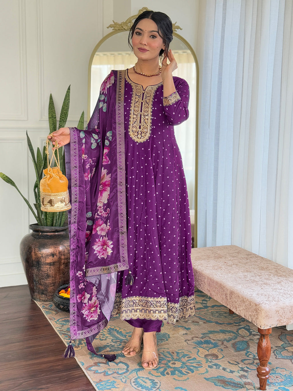 The52 Beautiful Embroidery Work with Vichitra Silk Fabric Flared Kurta, Pant and Dupatta Set - Distacart
