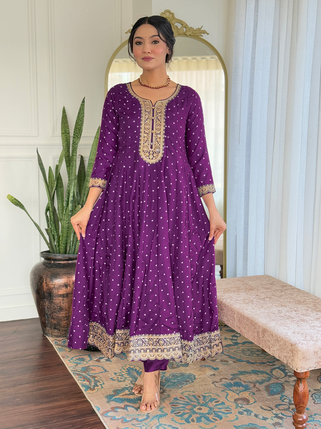 The52 Beautiful Embroidery Work with Vichitra Silk Fabric Flared Kurta, Pant and Dupatta Set - Distacart