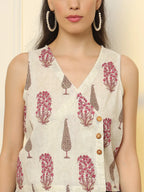 Yufta White And Pink Cotton Sleeve Less Wrap Top