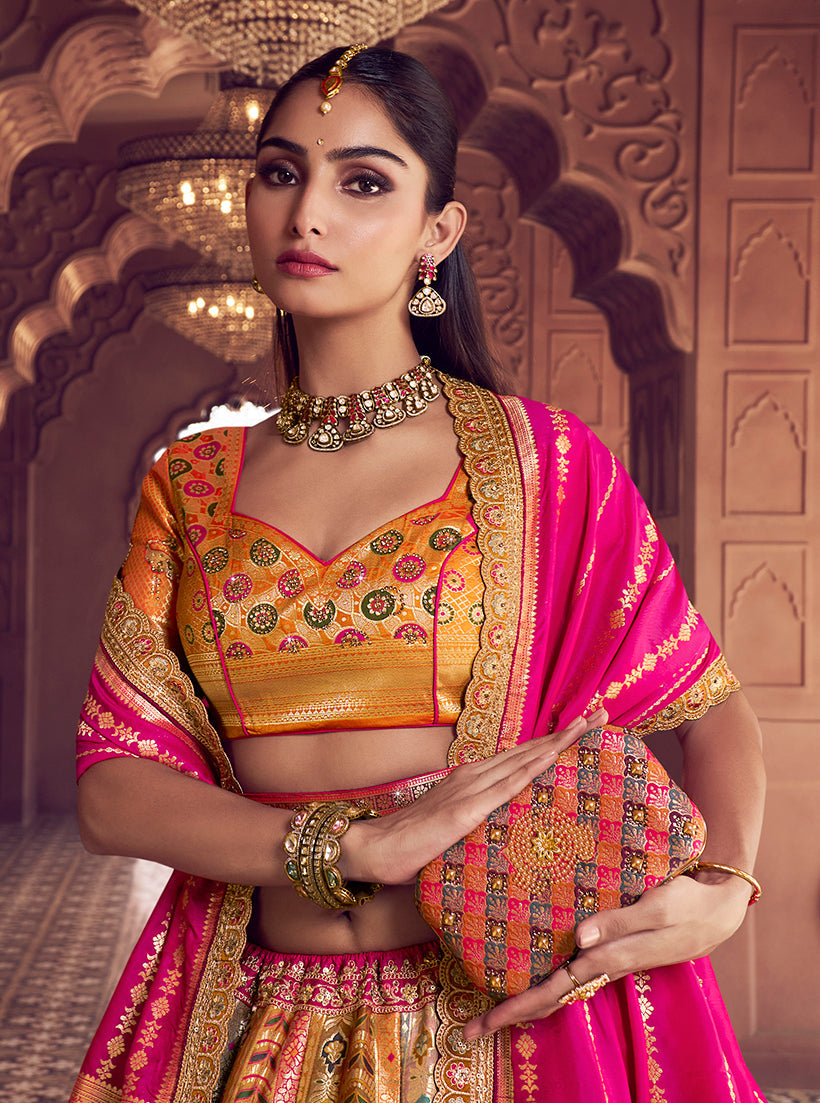 Monjolika Fashion Multi Colour Banarasi Silk Blend Embroidered, Sequins, Swarovski and Weaving Work Lehenga Choli