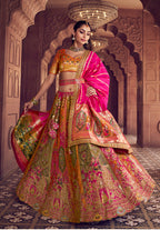 Monjolika Fashion Multi Colour Banarasi Silk Blend Embroidered, Sequins, Swarovski and Weaving Work Lehenga Choli