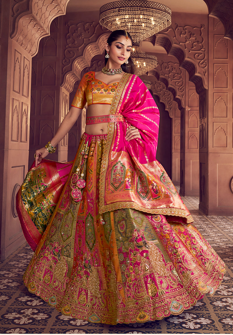 Monjolika Fashion Multi Colour Banarasi Silk Blend Embroidered, Sequins, Swarovski and Weaving Work Lehenga Choli