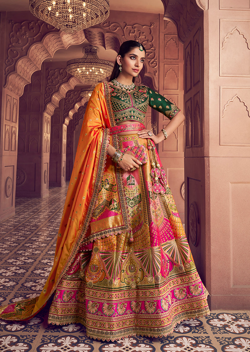 Monjolika Fashion Multi Colour Banarasi Silk Blend Embroidered, Sequins, Swarovski and Weaving Work Lehenga Choli