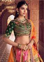 Monjolika Fashion Multi Colour Banarasi Silk Blend Embroidered, Sequins, Swarovski and Weaving Work Lehenga Choli