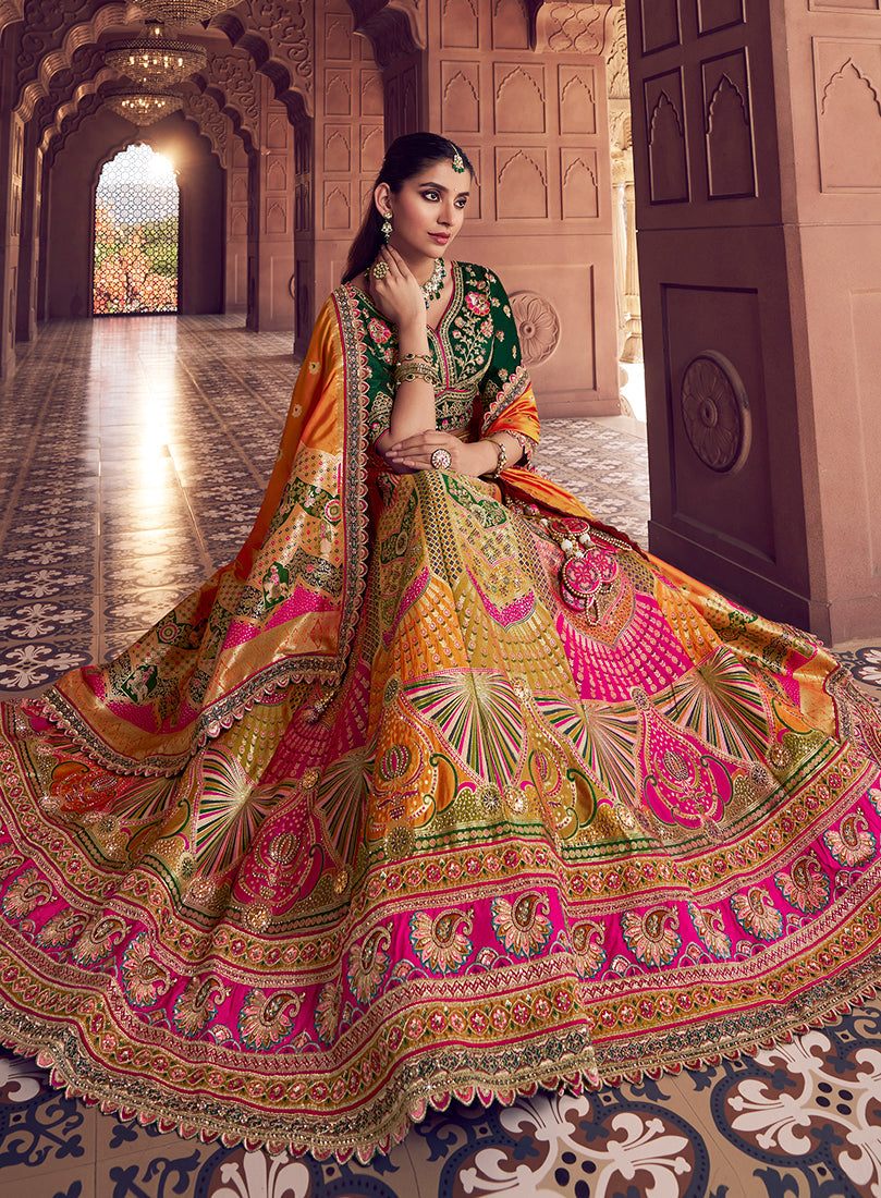 Monjolika Fashion Multi Colour Banarasi Silk Blend Embroidered, Sequins, Swarovski and Weaving Work Lehenga Choli