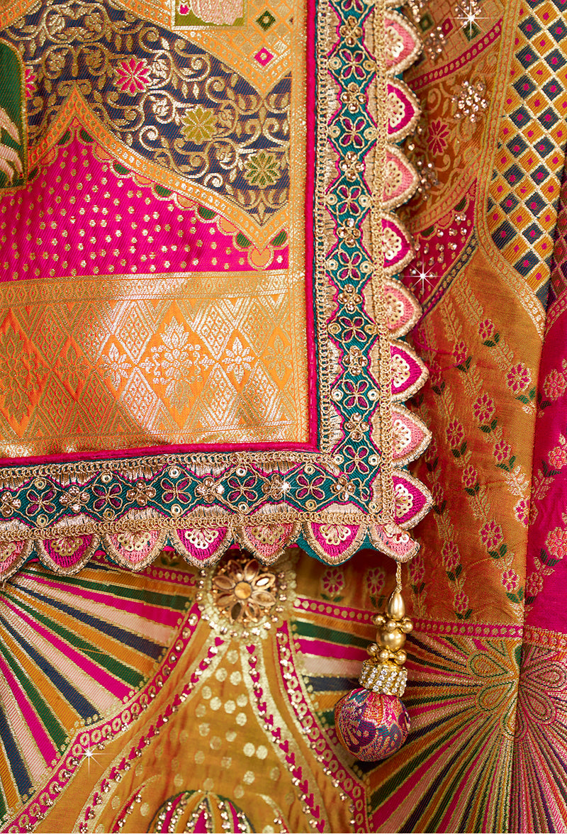 Monjolika Fashion Multi Colour Banarasi Silk Blend Embroidered, Sequins, Swarovski and Weaving Work Lehenga Choli