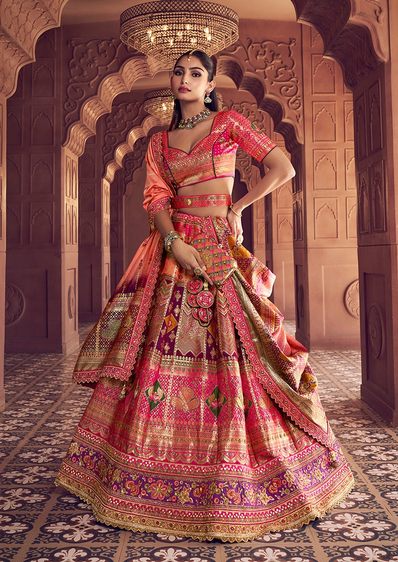Monjolika Fashion Multi Colour Banarasi Silk Blend Embroidered, Sequins, Swarovski and Weaving Work Lehenga Choli