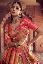 Monjolika Fashion Multi Colour Banarasi Silk Blend Embroidered, Sequins, Swarovski and Weaving Work Lehenga Choli