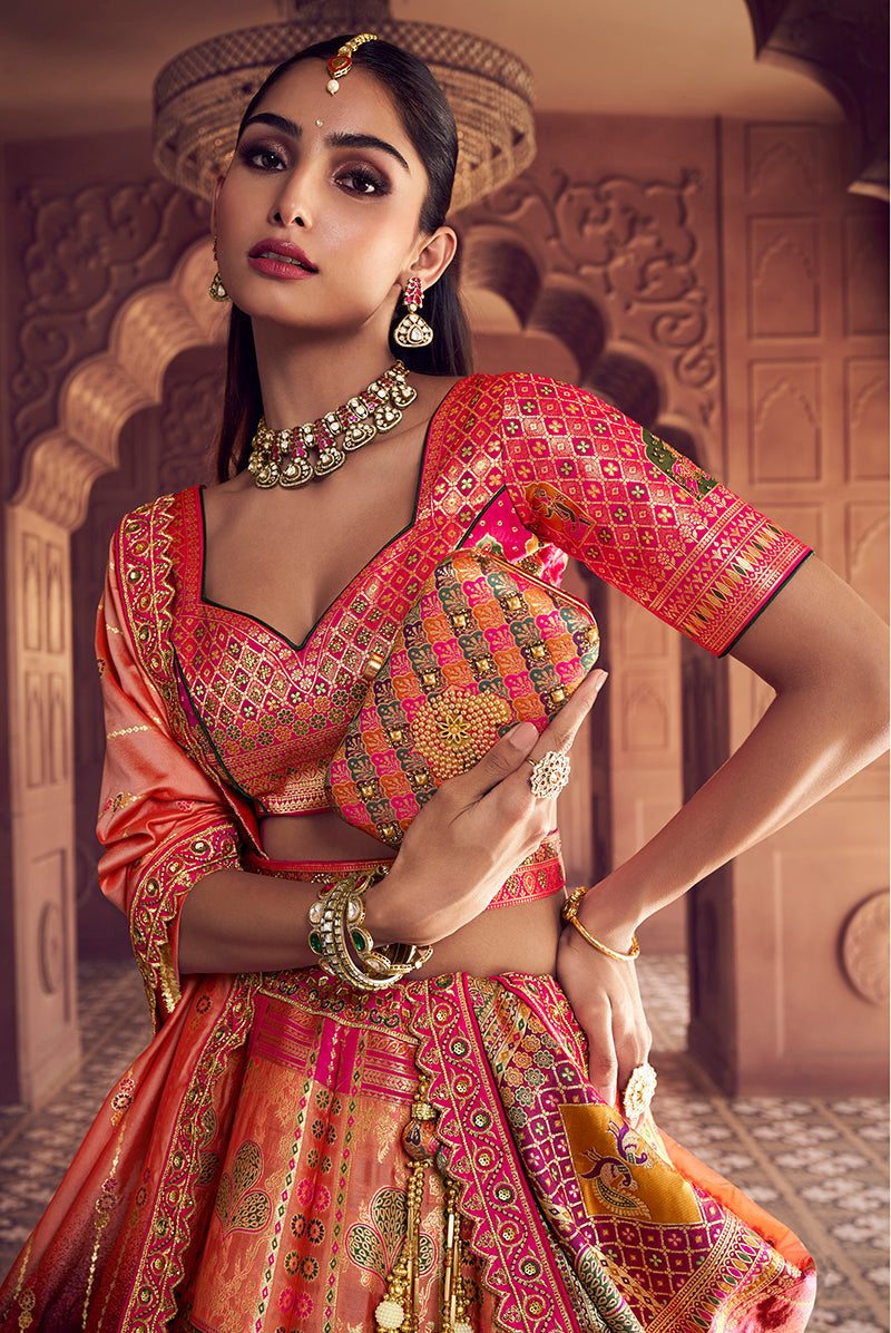 Monjolika Fashion Multi Colour Banarasi Silk Blend Embroidered, Sequins, Swarovski and Weaving Work Lehenga Choli