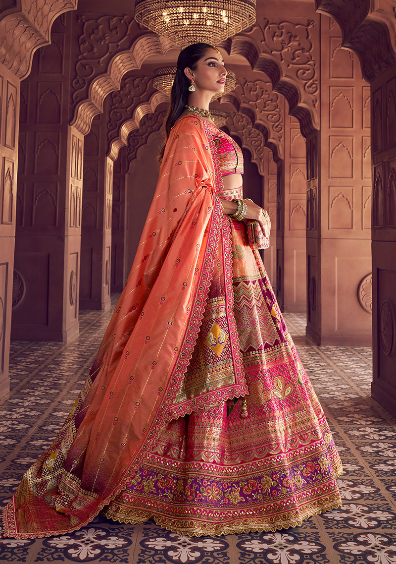 Monjolika Fashion Multi Colour Banarasi Silk Blend Embroidered, Sequins, Swarovski and Weaving Work Lehenga Choli