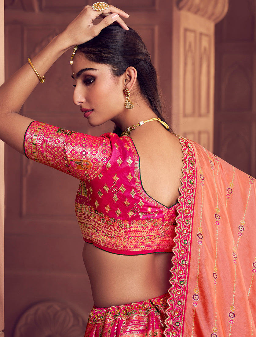 Monjolika Fashion Multi Colour Banarasi Silk Blend Embroidered, Sequins, Swarovski and Weaving Work Lehenga Choli