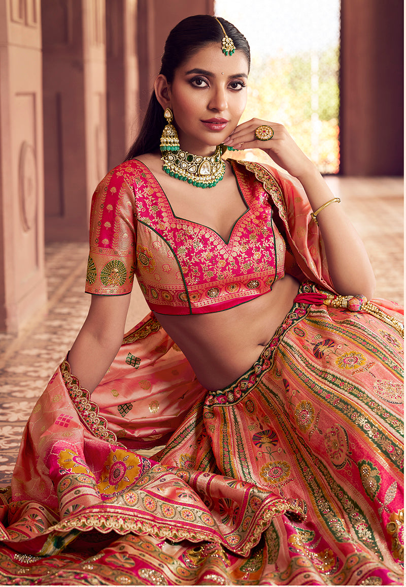 Monjolika Fashion Multi Colour Banarasi Silk Blend Embroidered, Sequins, Swarovski and Weaving Work Lehenga Choli