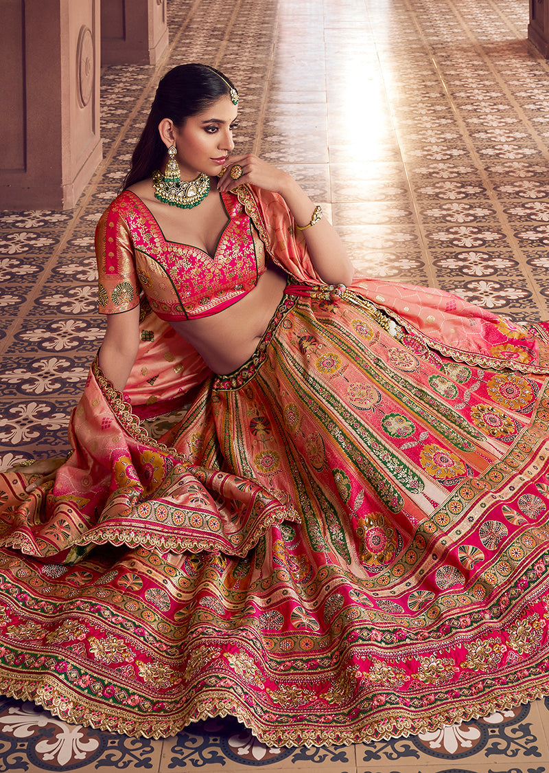 Monjolika Fashion Multi Colour Banarasi Silk Blend Embroidered, Sequins, Swarovski and Weaving Work Lehenga Choli