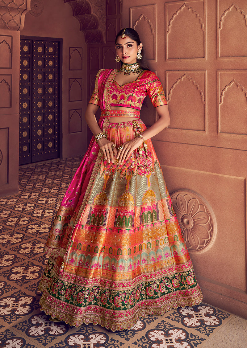 Monjolika Fashion Multi Colour Banarasi Silk Blend Embroidered, Sequins, Swarovski and Weaving Work Lehenga Choli