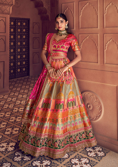 Monjolika Fashion Multi Colour Banarasi Silk Blend Embroidered, Sequins, Swarovski and Weaving Work Lehenga Choli