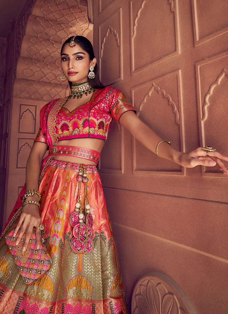 Monjolika Fashion Multi Colour Banarasi Silk Blend Embroidered, Sequins, Swarovski and Weaving Work Lehenga Choli