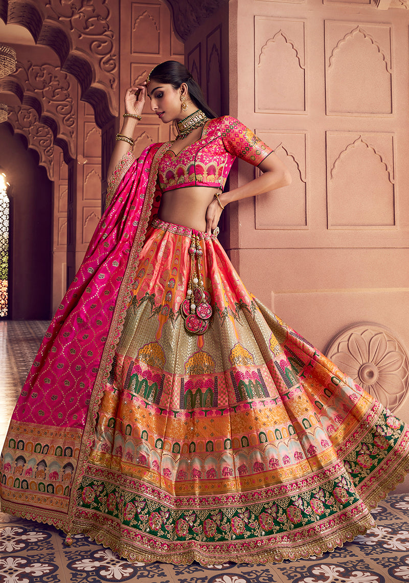 Monjolika Fashion Multi Colour Banarasi Silk Blend Embroidered, Sequins, Swarovski and Weaving Work Lehenga Choli