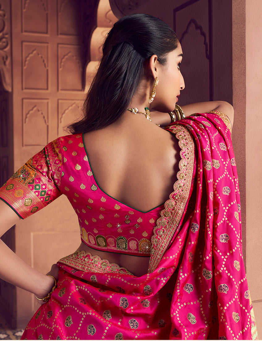 Monjolika Fashion Multi Colour Banarasi Silk Blend Embroidered, Sequins, Swarovski and Weaving Work Lehenga Choli