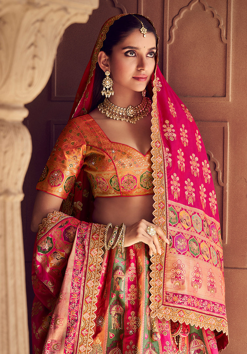 Monjolika Fashion Multi Colour Banarasi Silk Blend Embroidered, Sequins, Swarovski and Weaving Work Lehenga Choli