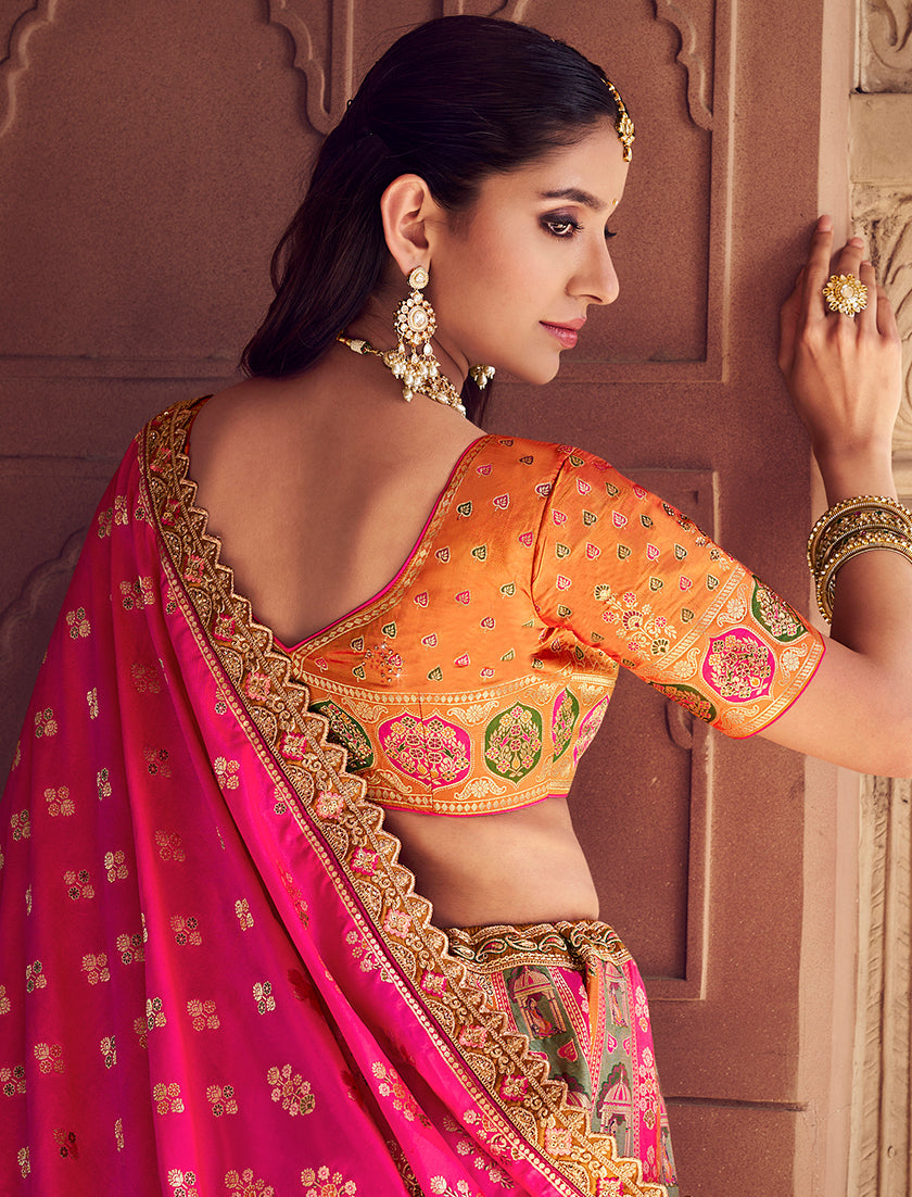 Monjolika Fashion Multi Colour Banarasi Silk Blend Embroidered, Sequins, Swarovski and Weaving Work Lehenga Choli