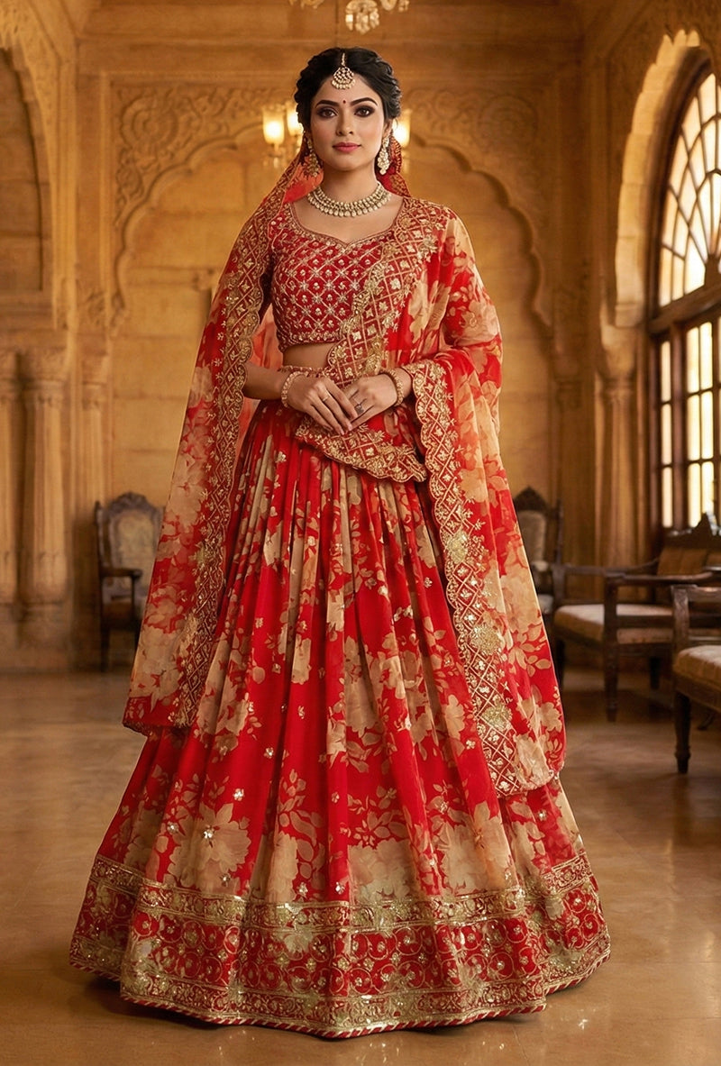 Monjolika Fashion Georgette Printed With Embroidered Red Trendy Lehenga Choli
