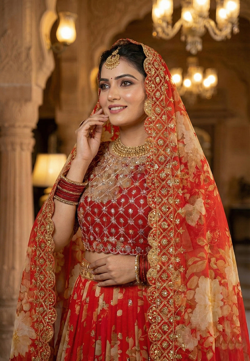 Monjolika Fashion Georgette Printed With Embroidered Red Trendy Lehenga Choli