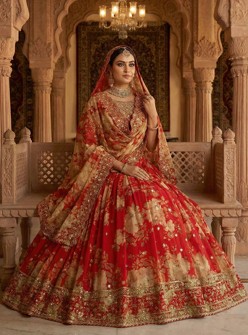 Monjolika Fashion Georgette Printed With Embroidered Red Trendy Lehenga Choli