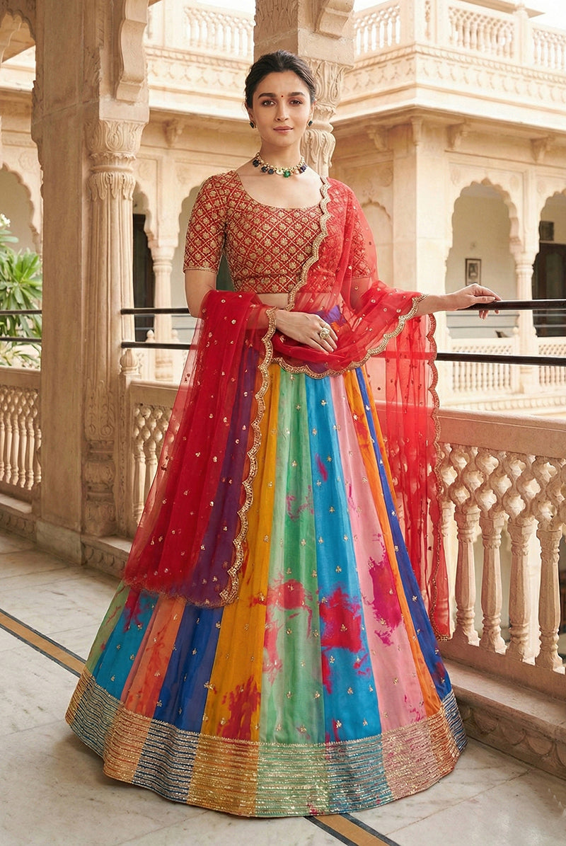Monjolika Fashion Alia Bhatt Embroidered Multi Colour Georgette Lehenga Choli