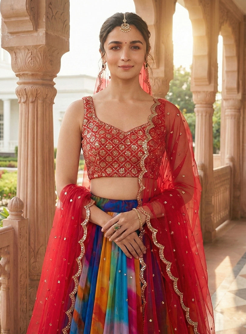 Monjolika Fashion Alia Bhatt Embroidered Multi Colour Georgette Lehenga Choli