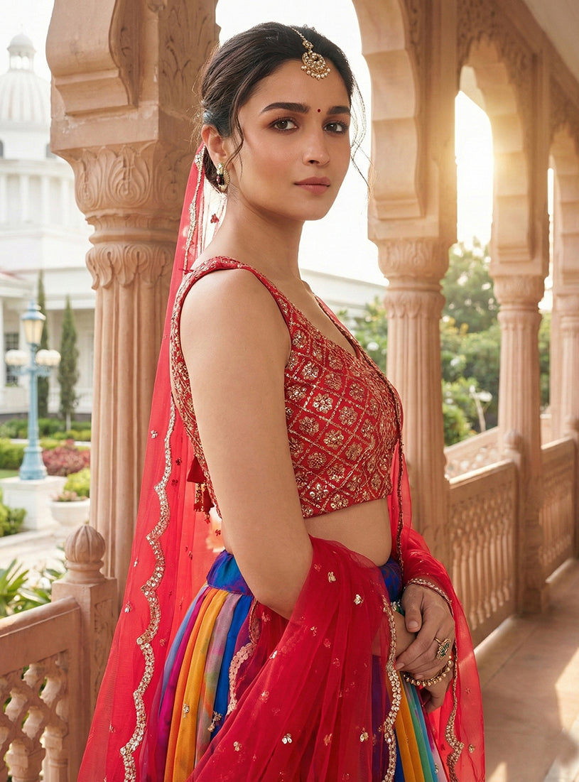 Monjolika Fashion Alia Bhatt Embroidered Multi Colour Georgette Lehenga Choli