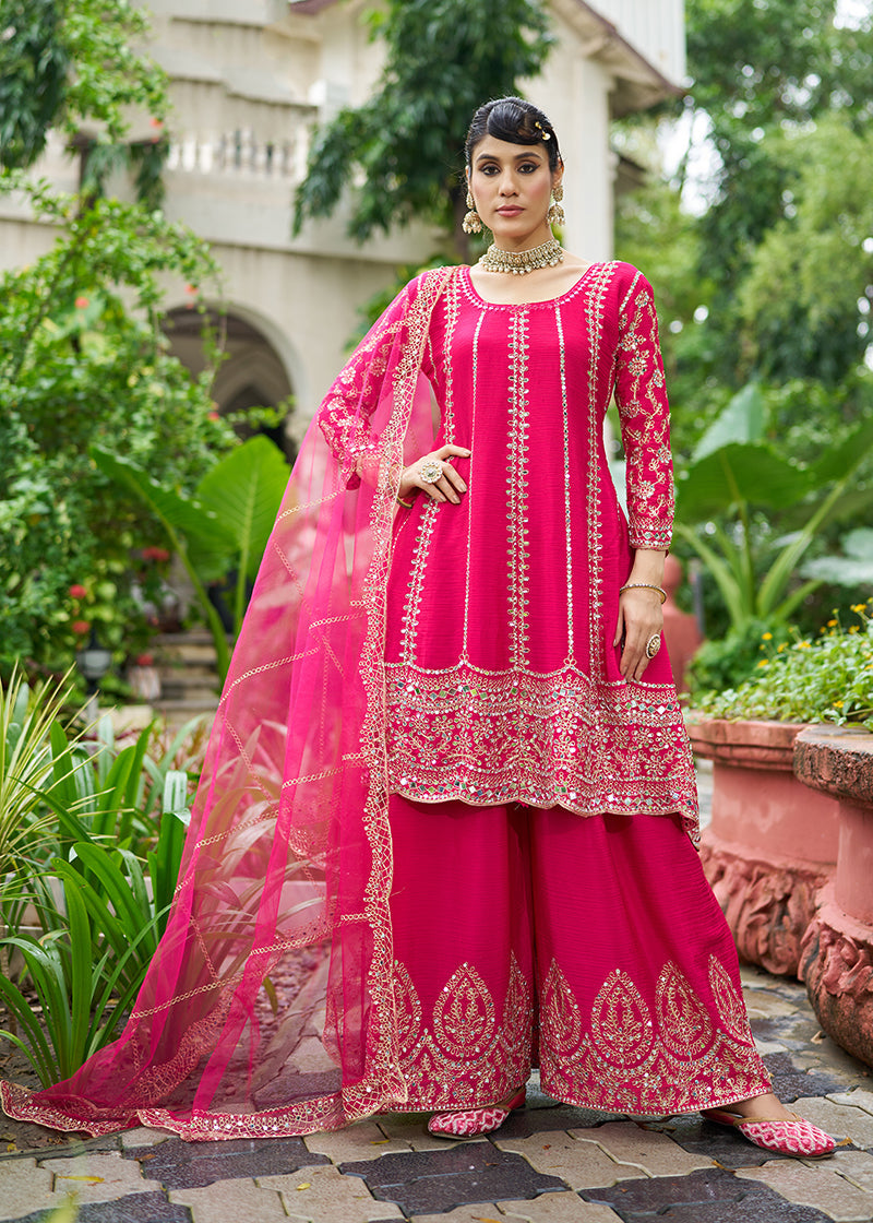 Monjolika Fashion Rani Pink Embroidered Chinnon Readymade Palazzo Kameez for Festival - Distacart