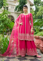 Monjolika Fashion Rani Pink Embroidered Chinnon Readymade Palazzo Kameez for Festival - Distacart
