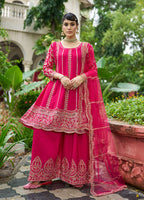 Monjolika Fashion Rani Pink Embroidered Chinnon Readymade Palazzo Kameez for Festival - Distacart