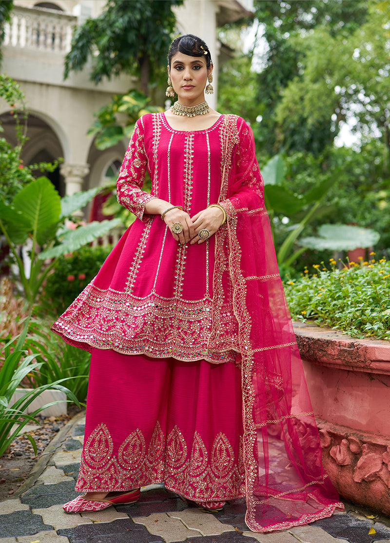 Monjolika Fashion Rani Pink Embroidered Chinnon Readymade Palazzo Kameez for Festival - Distacart