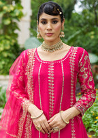 Monjolika Fashion Rani Pink Embroidered Chinnon Readymade Palazzo Kameez for Festival - Distacart