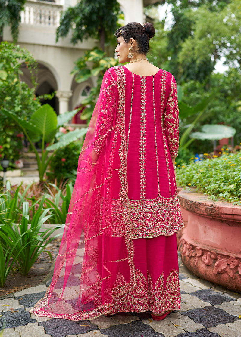 Monjolika Fashion Rani Pink Embroidered Chinnon Readymade Palazzo Kameez for Festival - Distacart