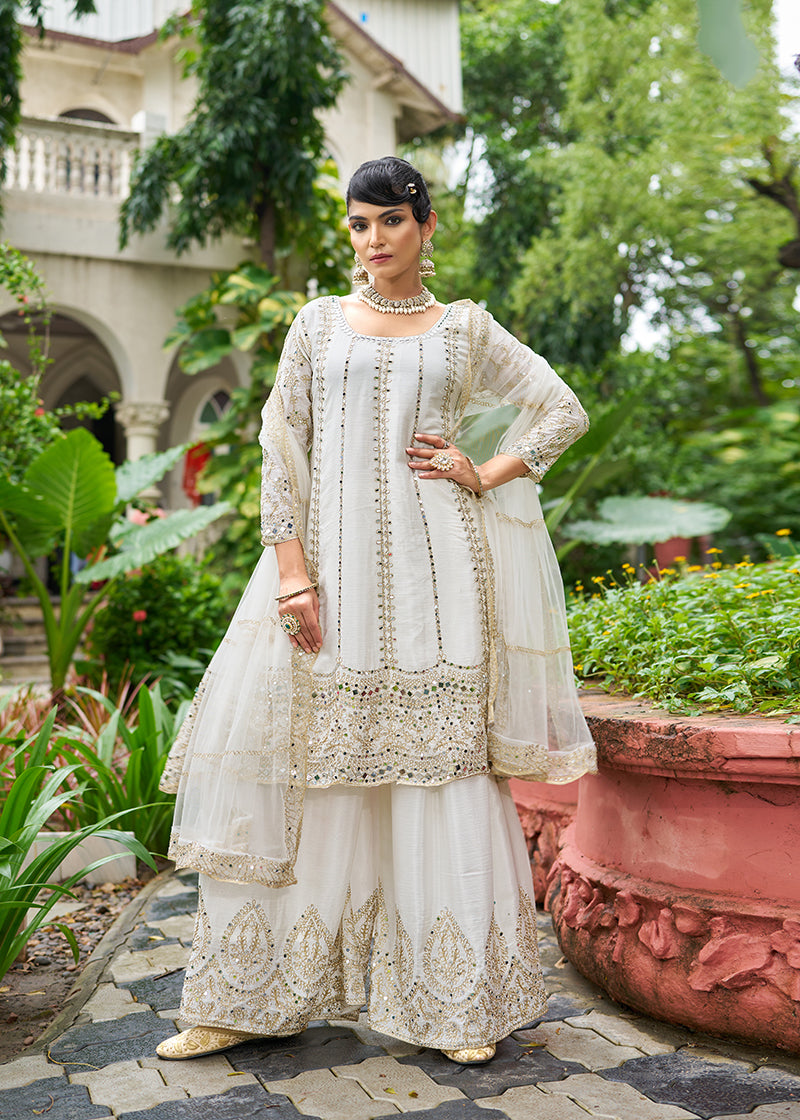 Monjolika Fashion White Embroidered Chinnon Readymade Palazzo Kameez for Festival - Distacart