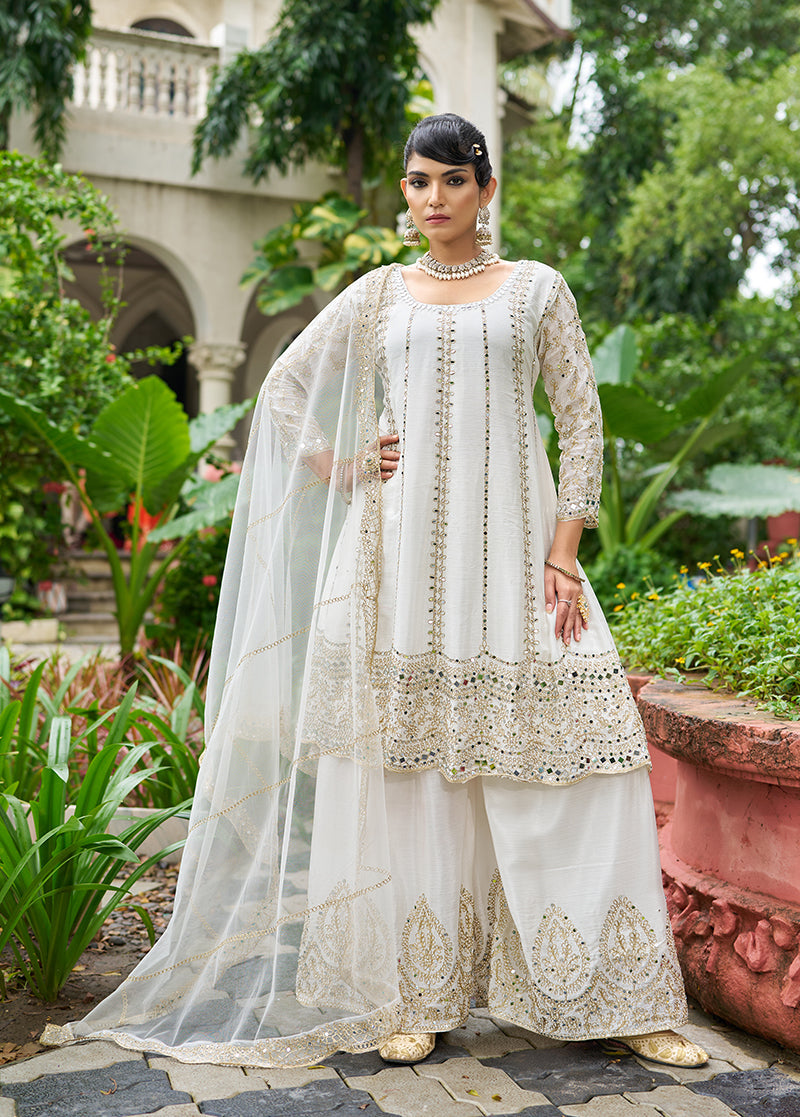 Monjolika Fashion White Embroidered Chinnon Readymade Palazzo Kameez for Festival - Distacart