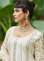 Monjolika Fashion White Embroidered Chinnon Readymade Palazzo Kameez for Festival - Distacart