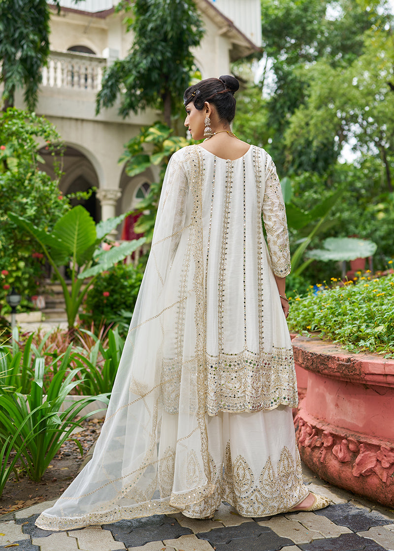 Monjolika Fashion White Embroidered Chinnon Readymade Palazzo Kameez for Festival - Distacart